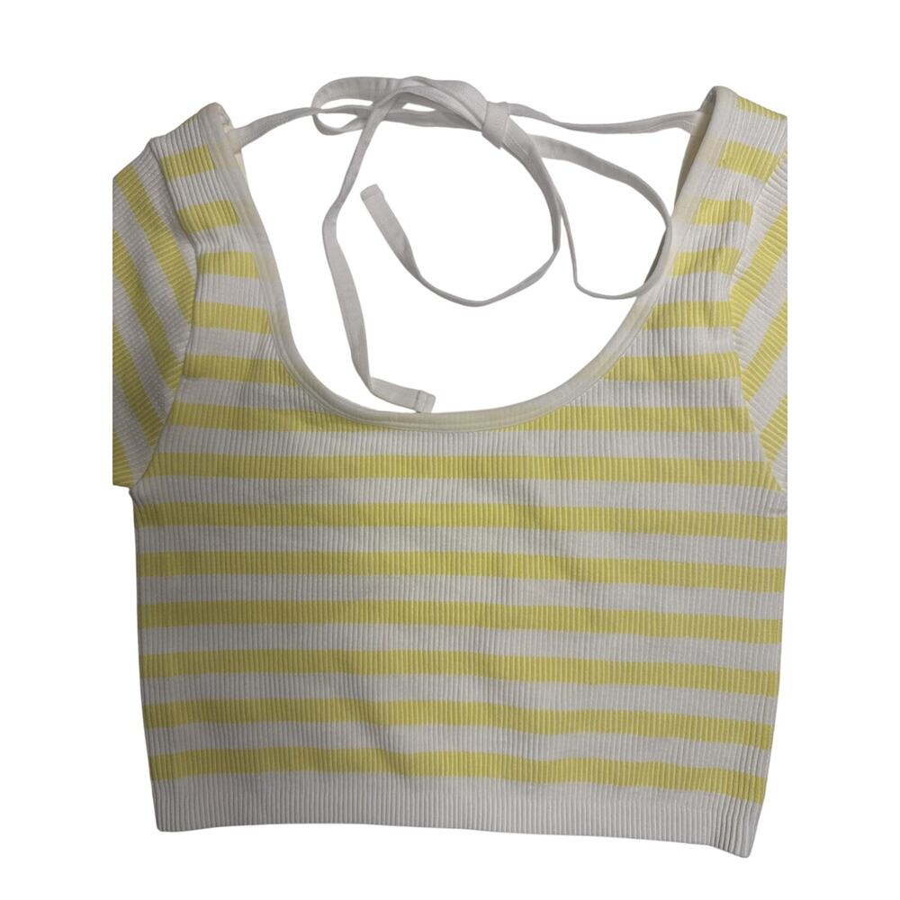 Yellow White Striped‎ Ribbed Crop Top Tie-Back Short Sleeve Knit - Picture 2 of 7